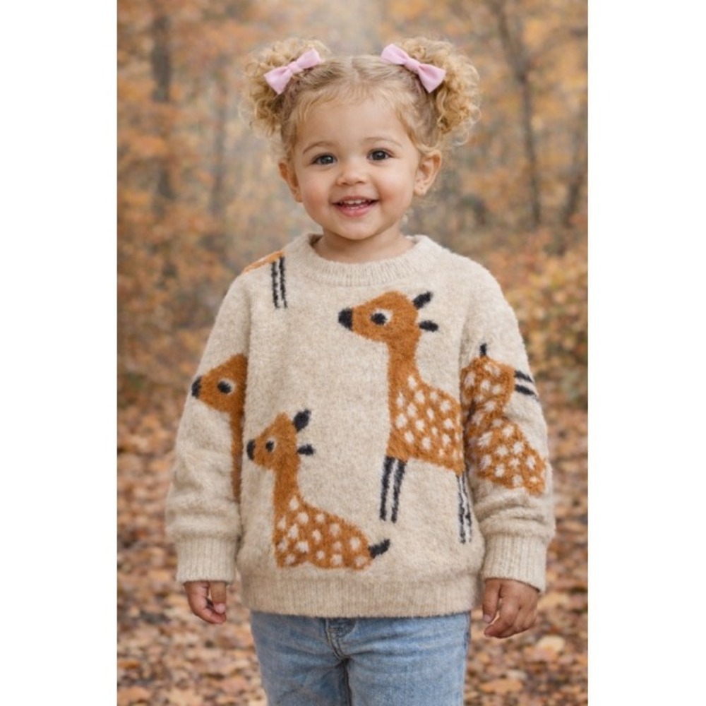 SHEIN Kids Fuzzy Deer Fawn Knit Crewneck‎ Sweater Cream Tan Brown 4T